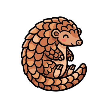 Digital illustration of a cute, cartoon pangolin curled up with a gentle expression on a plain white background.