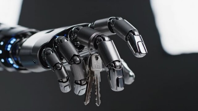 A metallic robot hand holds two keys with a small houseshaped emblem against a dark background