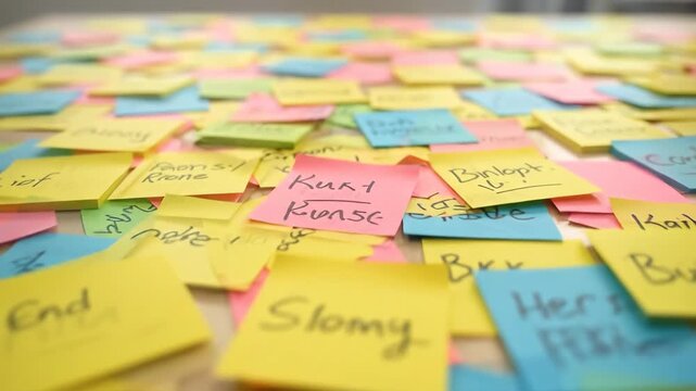 Colorful sticky notes with handwritten words are spread out. The post-it notes are diverse. They show a close-up focus shot
