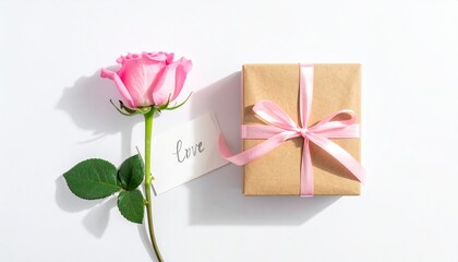 Fototapeta premium Pink rose with gift box and love tag on white background