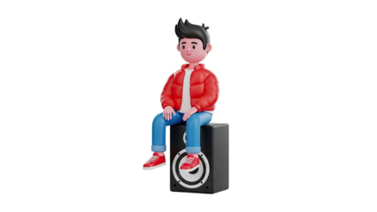 3D cartoon boy sitting on a speaker on transparent background