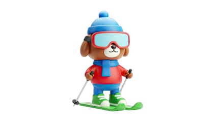 3D Cute cartoon dog skiing on transparent background