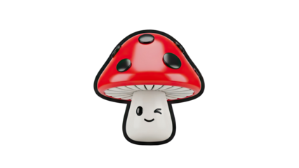 3D Cute cartoon mushroom character with a happy face and wink on transparent background