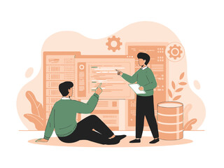 Two people working together on a computer with server racks in the background