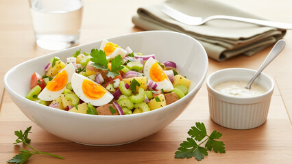 Delicious egg salad with vegetables in a white bowl on wooden table