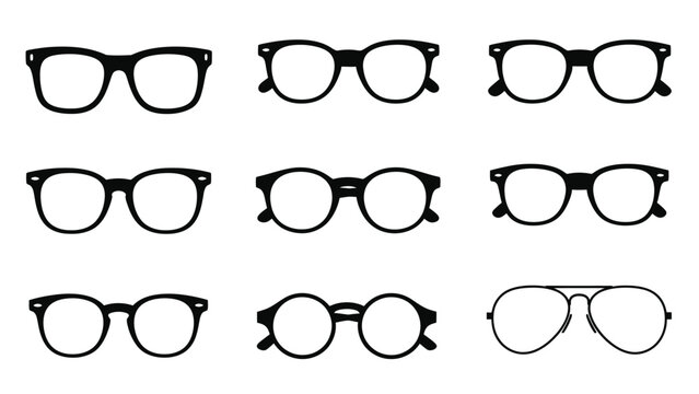 Collection of nine black eyeglass frame silhouettes in a grid layout