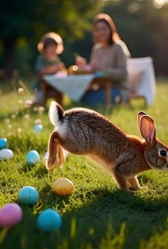 Easter bunny hiding eggs in grass with family nearby