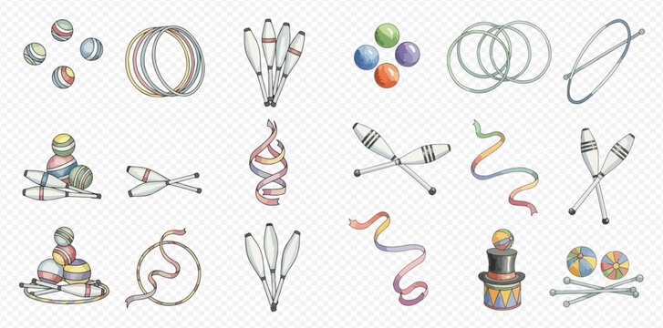 Set of circus juggling props including clubs, balls, hoops, ribbons, and diabolos for entertainment shows.