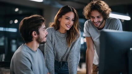 Collaborative coworkers engaged in a project discussion at the office during evening hours