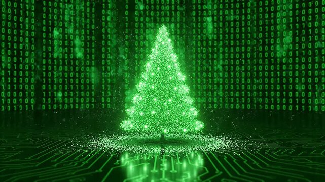 A radiant green digital Christmas tree stands on an illuminated futuristic circuit board.