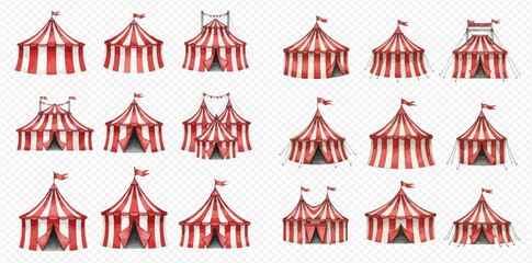Set of circus tents with red and white stripes, vector illustrations on transparent background.