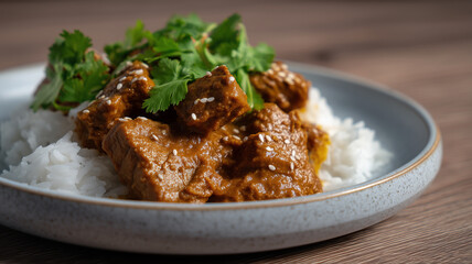 Vegan curry tofu rice plate sauce herb lunch dinner spicy vegan curry tofu rice plate with herb garnish and sesame seed topping