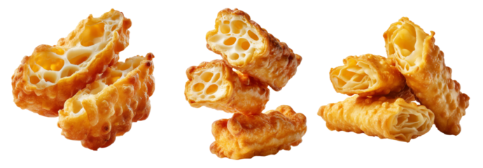 Brazil crispy fried pastry rolls with flaky layers, isolated on white background. Concept of crunchy snack or dessert treat