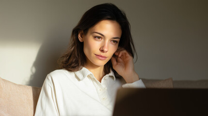 Young woman laptop home office remote work focused mood, natural light, casual clothing, concentration