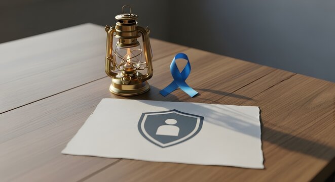 Muted daylight on lantern, ribbon, and shield icon symbolizing protection and human rights