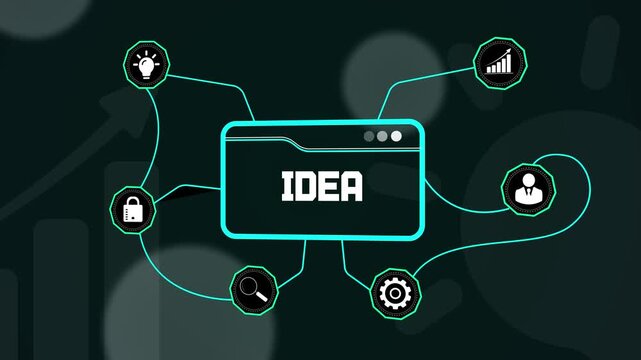 Animated business idea concept with glowing icons of lightbulb, growth chart, security lock, and human profile connected to a central digital folder for startup presentations.