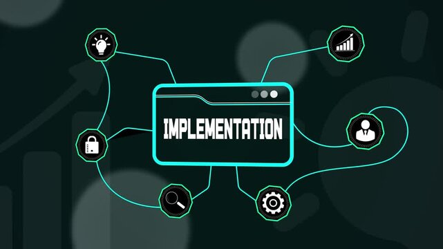 Digital implementation concept showing business icons connected to a central hub, ideal for project execution and workflow management videos.