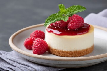 mini baked cheesecake with raspberry sauce and fresh raspberries on top, on a ceramic plate, dark background, food photography, close-up.