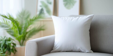 white pillow on the sofa, interior background with paintings and plants