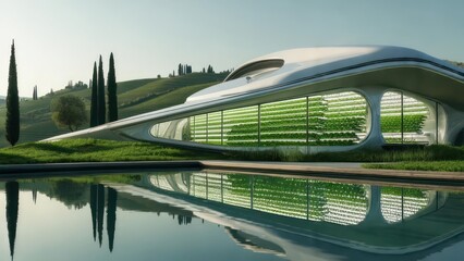 Futuristic hydroponic greenhouse nestled in a serene landscape
