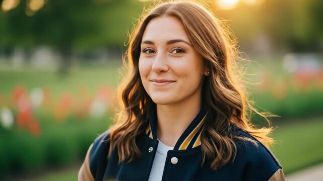 smiling caucasian teenage girl holding softball over her eye. young athlete wearing varsity jacket outdoors at sunset. sports team spirit. high school senior portrait.