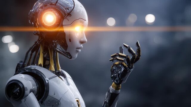 Humanoid AI robot exploring the depths of metaverse cyberspace and engaging in digital interactions with its surroundings