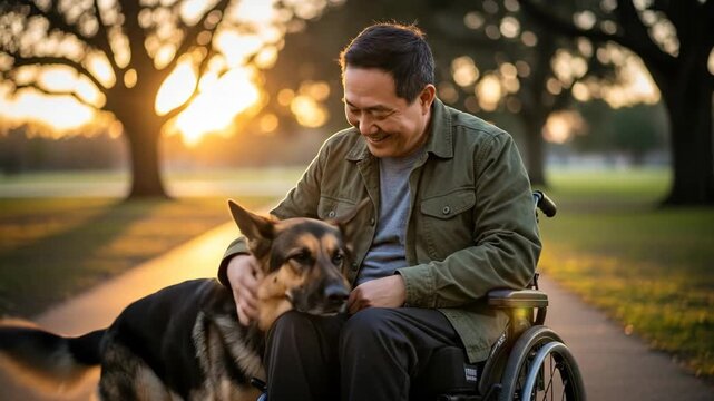 happy asian man in wheelchair hugging german shepherd dog in park at sunset. disabled male with service animal. friendship and support concept. healthcare, lifestyle blog.