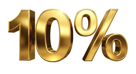 10 Percent Discount Golden 3D Sale Symbol Isolated on Transpare Background for Promotion and Marketing, PNG file