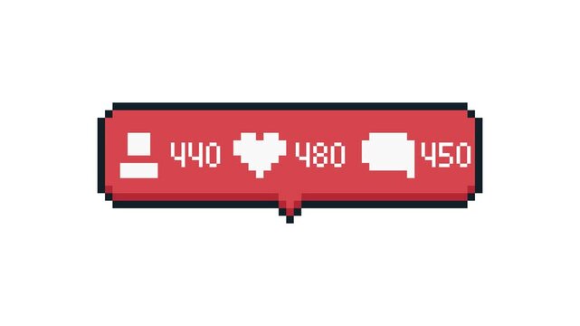 8-bit pixel art pink social media follower, likes and message speech bubble icon. numbers increase gradually. looped animation 4k 30fps