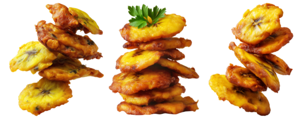Colombia Patacones fried green plantains slices stacked in mid-air, isolated on white background