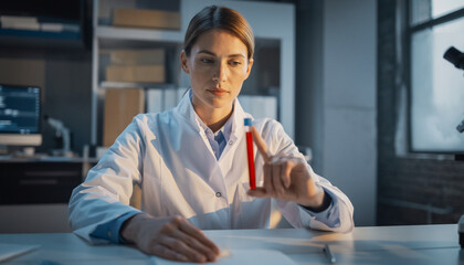 Female scientist examining a test tube in laboratory setting.