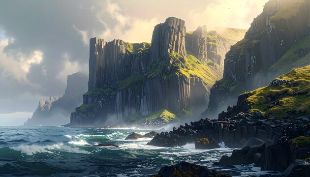 Dramatic coastal cliffs with crashing waves under golden sunlight in Icelandic landscape - Powered by Adobe