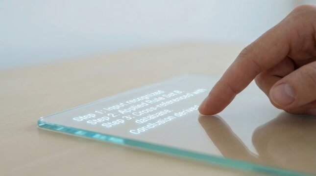 Close-up of a finger scrolling on a transparent glass tablet displaying a step-by-step AI decision-making process from input recognition to final conclusion derivation.