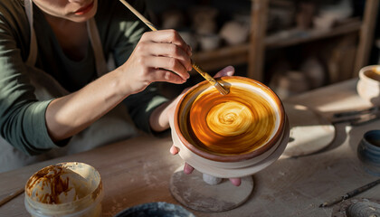 Person creating a swirling glaze on a ceramic bowl in a workshop.