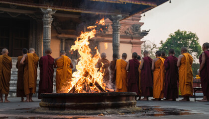 Monks in robes gather around a ceremonial fire in front of a temple.