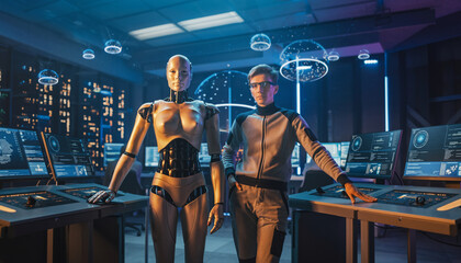 Human and robot in a futuristic control room with advanced technology.