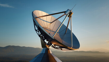 Large satellite dish antenna pointed toward the sky in a landscape setting.