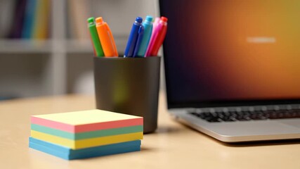 A workspace with a laptop, pens, and sticky notes on a wooden desk