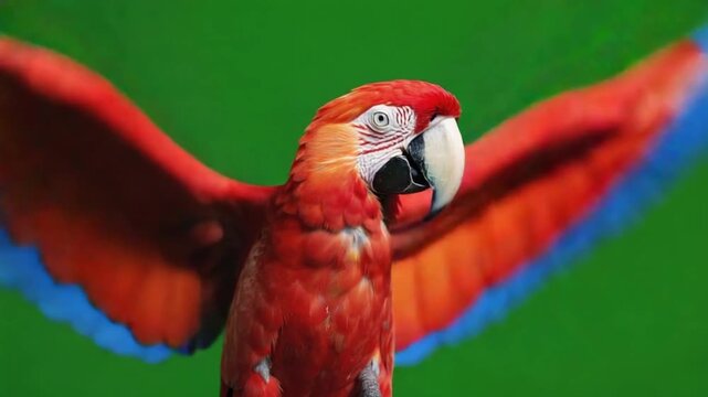Vibrant red macaw with colorful wings against green background