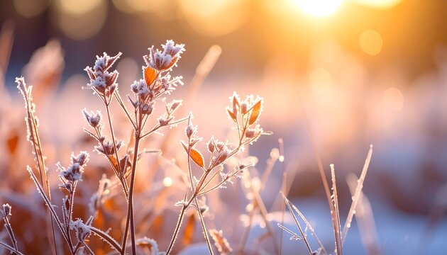 Close-up of frost-covered plants bathed in warm sunlight, with blurred bokeh background, evoking winter ambiance