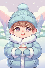 Cute chibi boy wearing puffy jacket
