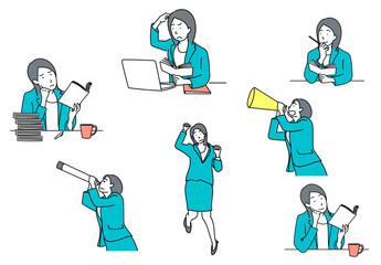 感情豊かに仕事に取り組む女性ビジネスパーソンを描いたオフィスイラストセット｜悩みや挑戦を乗り越えながら成長していく現代女性の努力と前向きな姿を表現したベクター素材