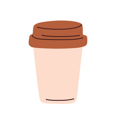 Flat cartoon vector illustration of disposable coffee cup with lid for hot drinks, simple minimal style, everyday cafe object, modern takeaway coffee, branding, packaging and food service projects