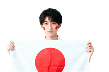 A proud individual waves the Japanese flag, his face adorned with painted red circles, embodying national pride and cultural heritage. The scene captures a sense of unity.