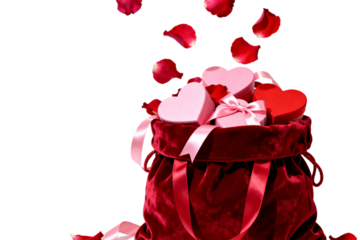 A velvet bag filled with heart-shaped gift boxes and roses petals showering down, a symbolic representation of love and romance.