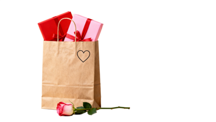 A romantic gesture of love and appreciation, with gift boxes nestled in a paper bag. alongside a rose, creating a sweet and visually appealing scene. 