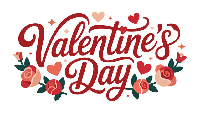 Valentine's Day Emblem: A colorful Valentine's Day emblem featuring a handwritten Valentine's Day text design in red with decorative flowers and hearts.