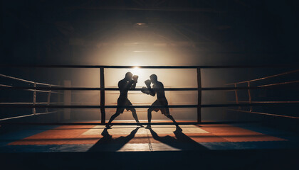 Two boxers sparring in a boxing ring with backlighting creating silhouettes.