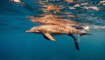 Obraz premium A dolphin swimming underwater with sunlight reflecting on its body.