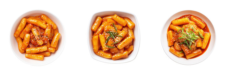Top View of Bowl of Delicious Tteokbokki Korean Rice Cake Dishes Isolated on Transparent Background